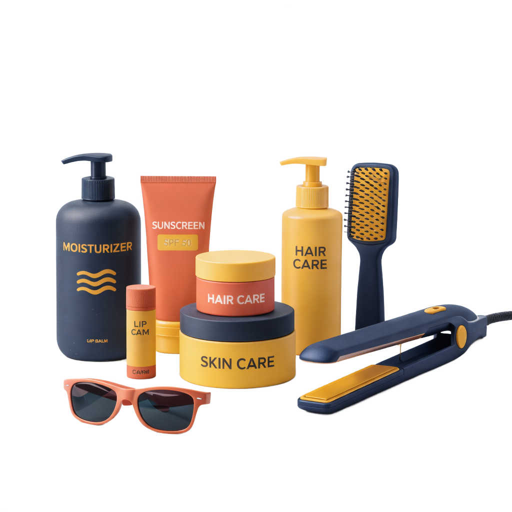 Travel beauty and grooming essentials including moisturizer, sunscreen, and hair care products
