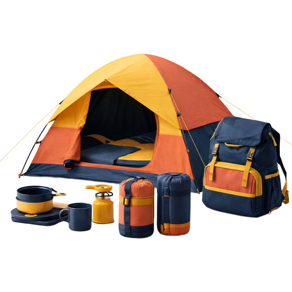 Camping gear for travel including tents, sleeping bags, and outdoor equipment