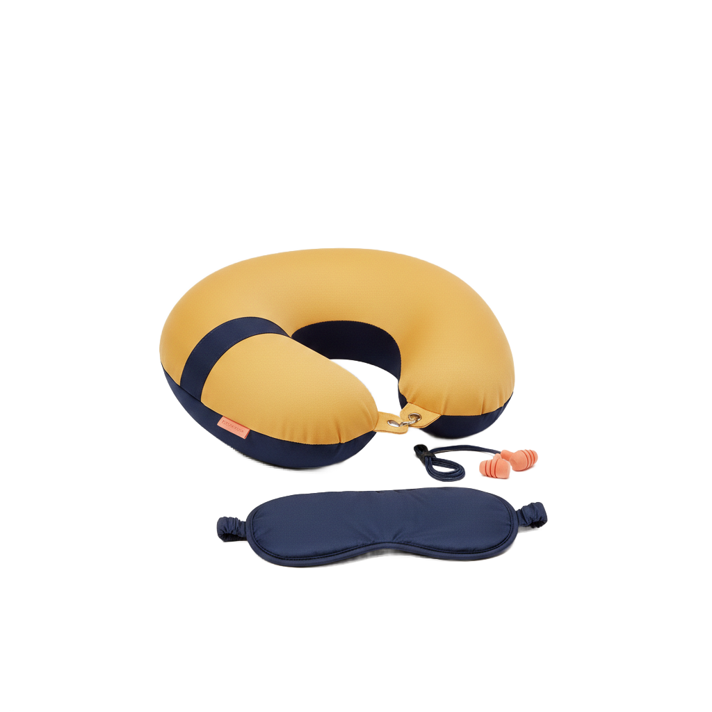Travel comfort essentials including neck pillows, eye masks, and earplugs