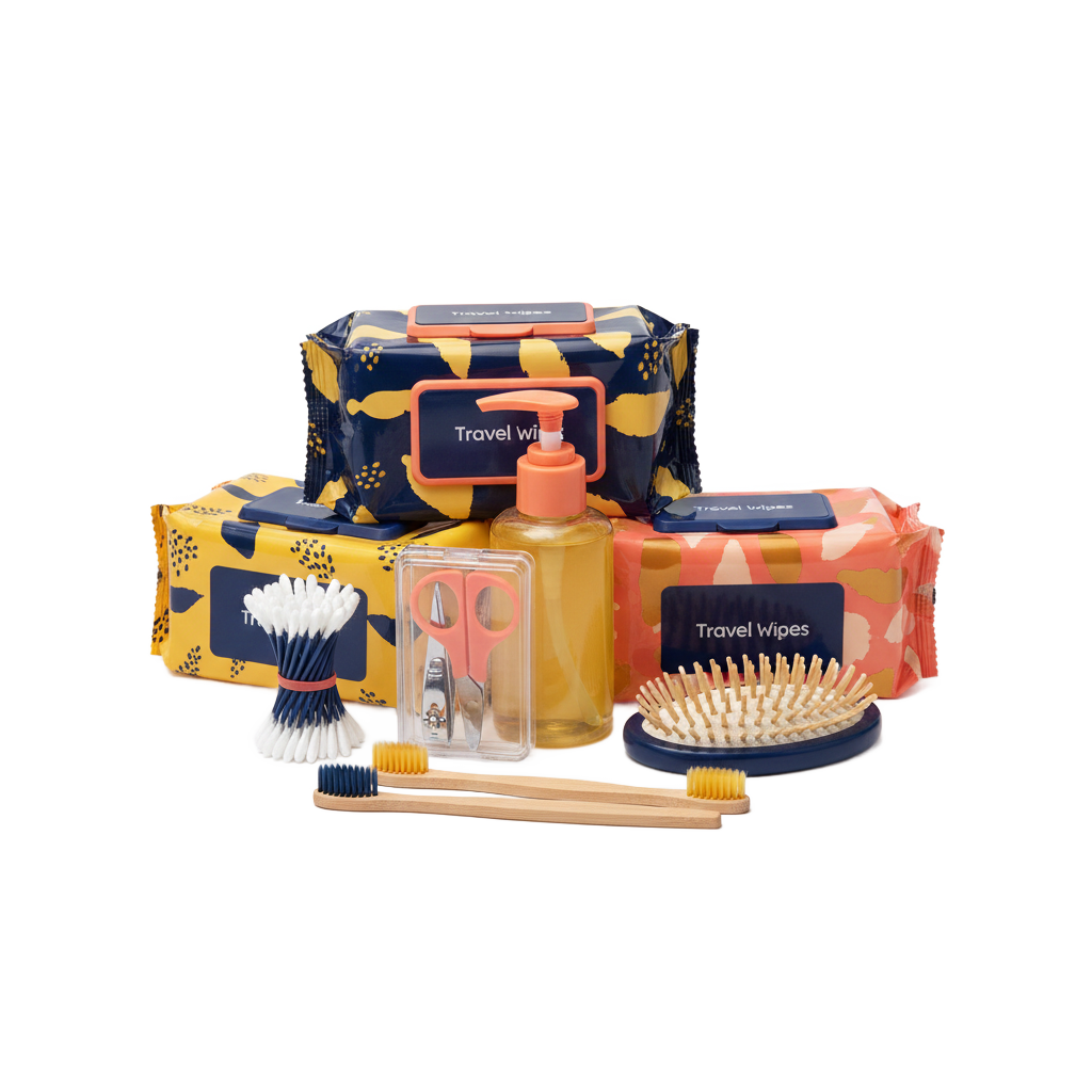 Travel personal care and hygiene essentials including wipes, sanitizer, and dental care kits