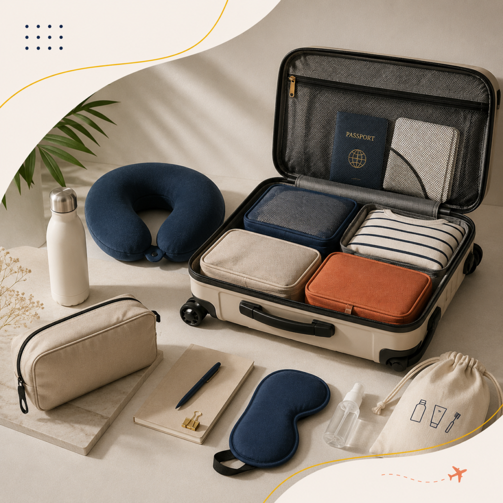 Minimal travel essentials flat lay with suitcase, passport, camera, and packing accessories for organized travel.