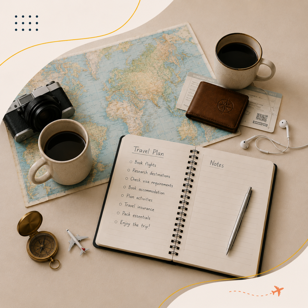 Travel itinerary planning setup with notebook, passport, map, and coffee in minimalist travel aesthetic.