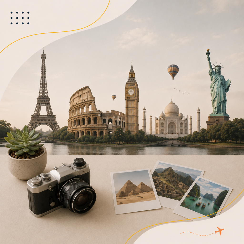 Popular world travel destinations featuring Eiffel Tower, Big Ben, Taj Mahal, and iconic global landmarks.