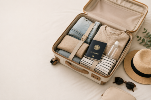 Minimal travel packing essentials with open suitcase and passport.