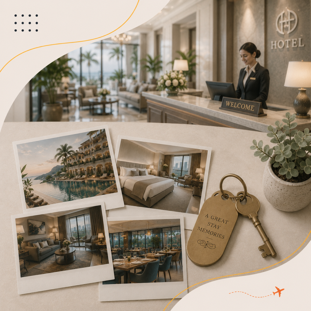 Luxury hotel and accommodation aesthetic with elegant rooms, reception area, and premium stay experience.