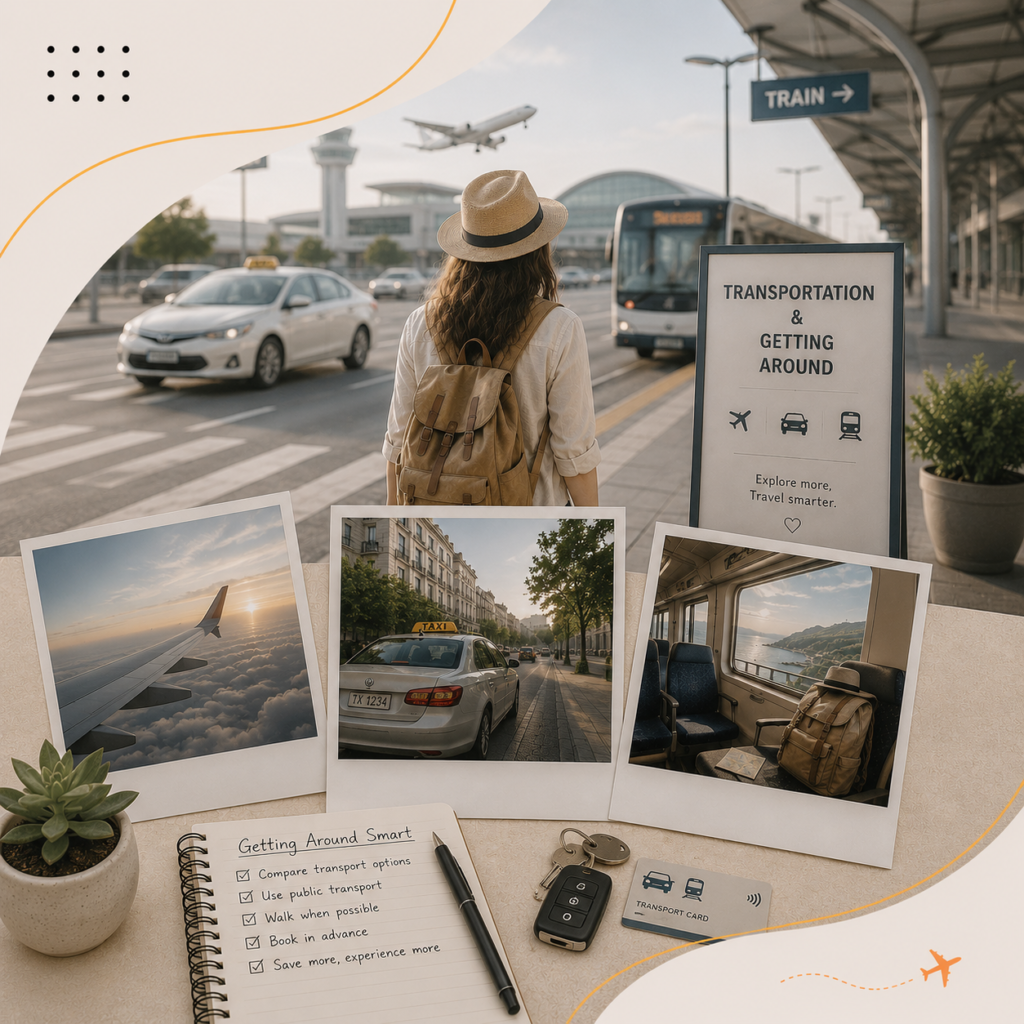 Travel transportation guide featuring airport, train, taxi, airplane, and public transportation inspiration.