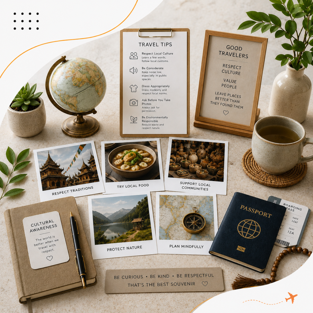 Travel etiquette and cultural awareness aesthetic with respectful travel tips and cultural inspiration.