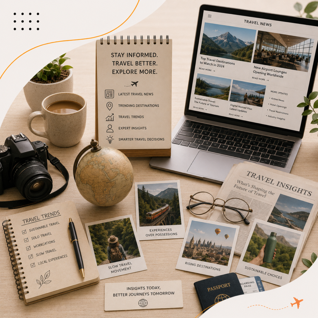 Modern travel news and tourism trends concept with maps, travel updates, and global travel insights.