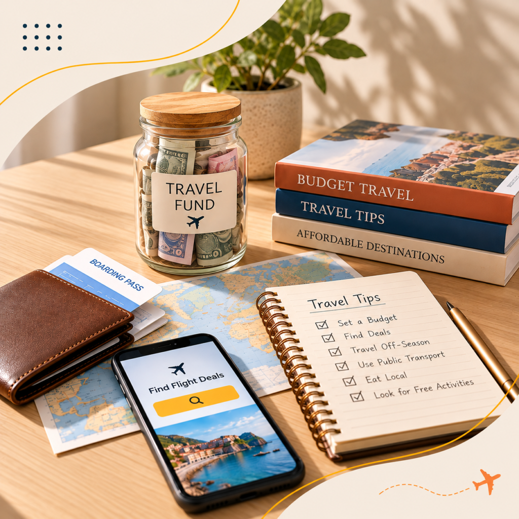 Travel planning desk with travel fund, map and budget tips