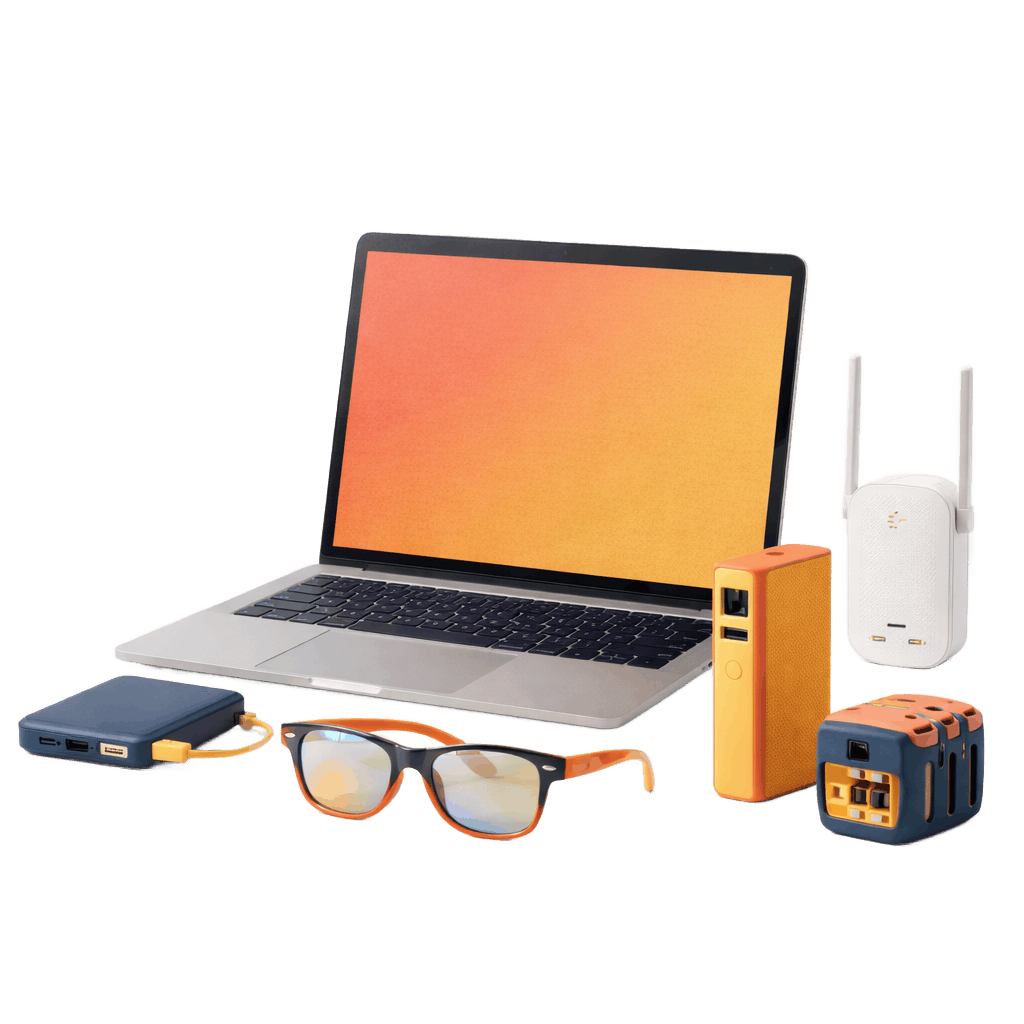 Digital nomad gear including laptop, power bank and travel accessories