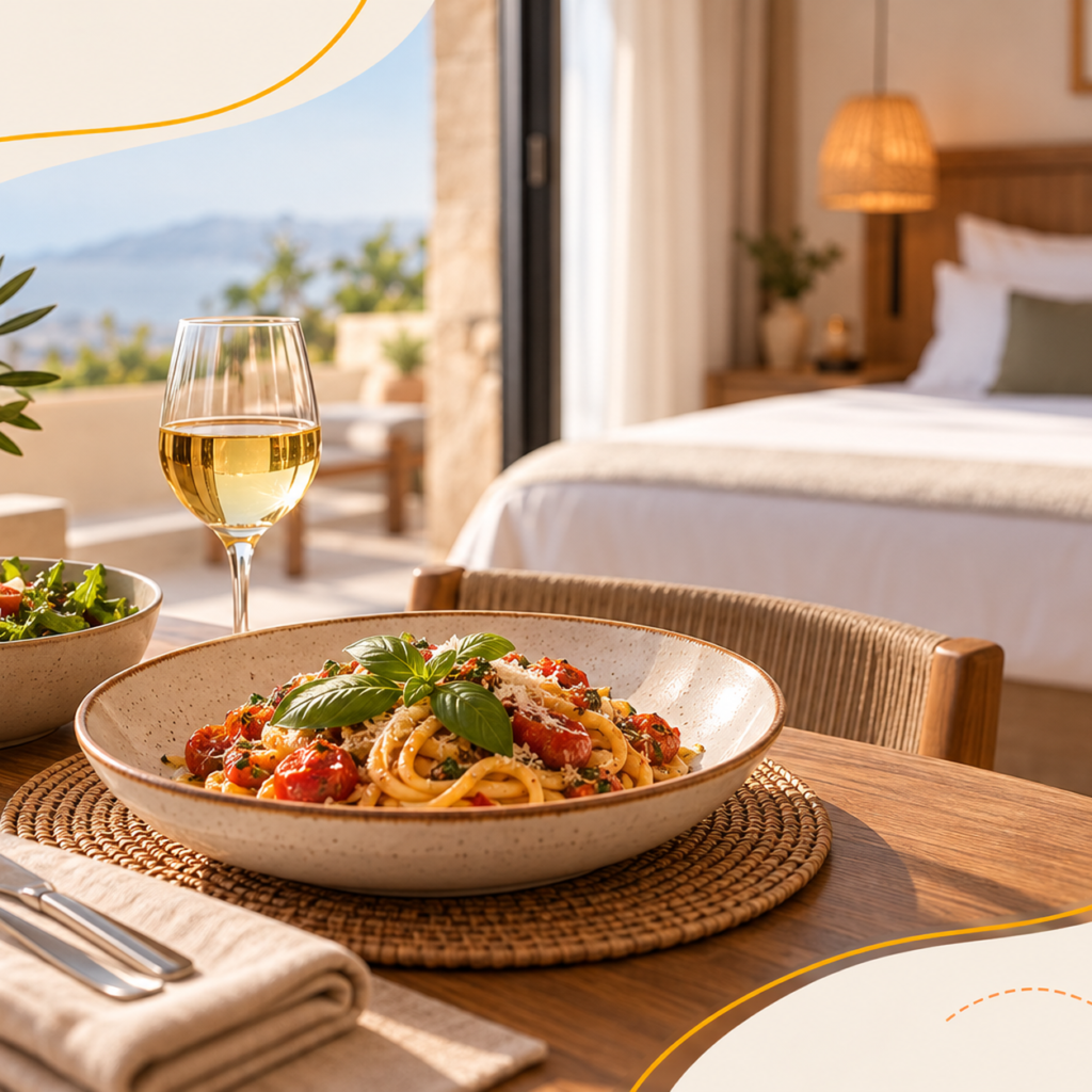 Hotel room and local Italian food representing travel stays and experiences