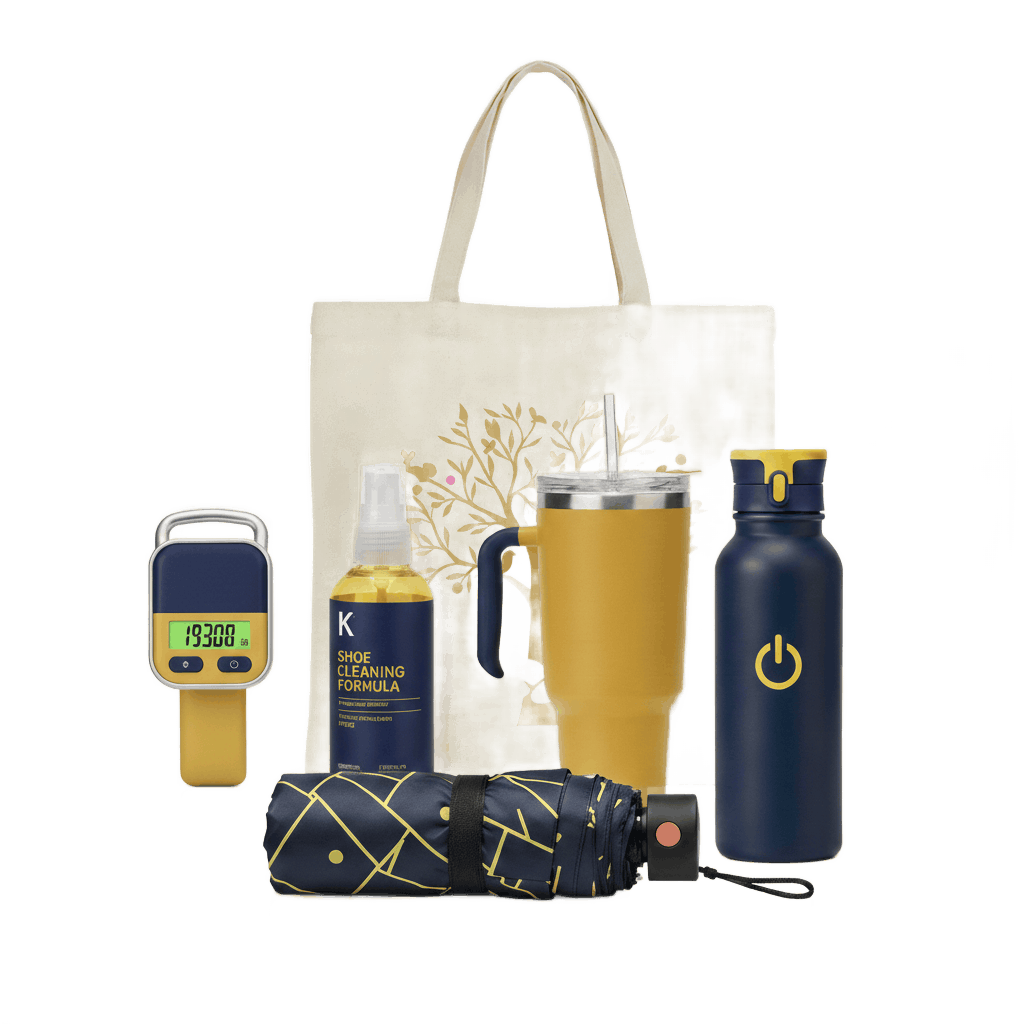 Travel convenience accessories including water bottle and reusable bag