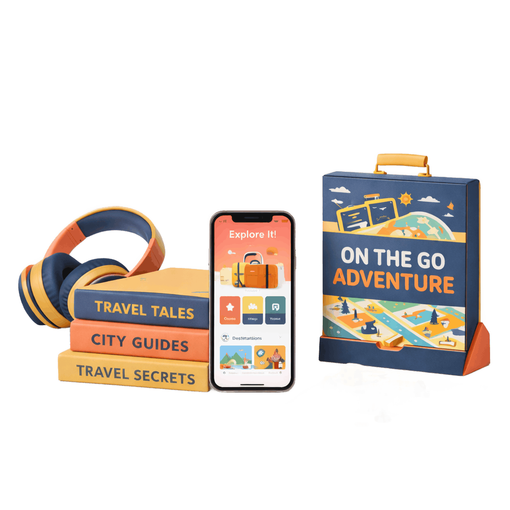 Travel entertainment essentials including headphones, books and games