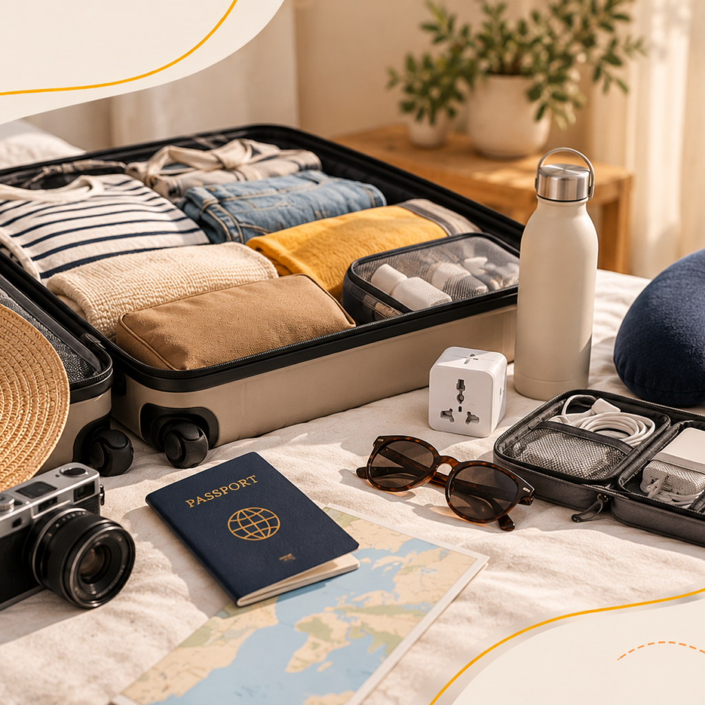 Open suitcase with clothes, travel accessories and packing essentials