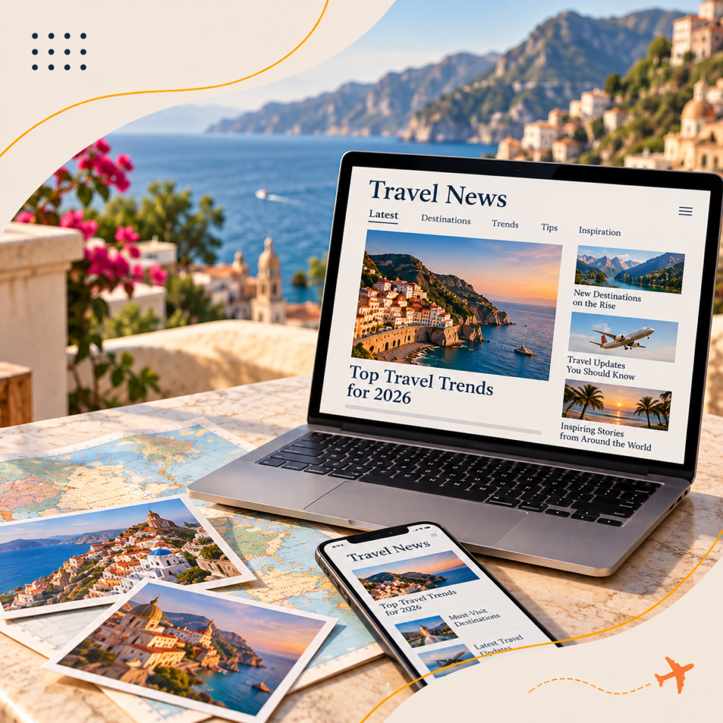 Laptop displaying travel news and trends beside a map and travel photos