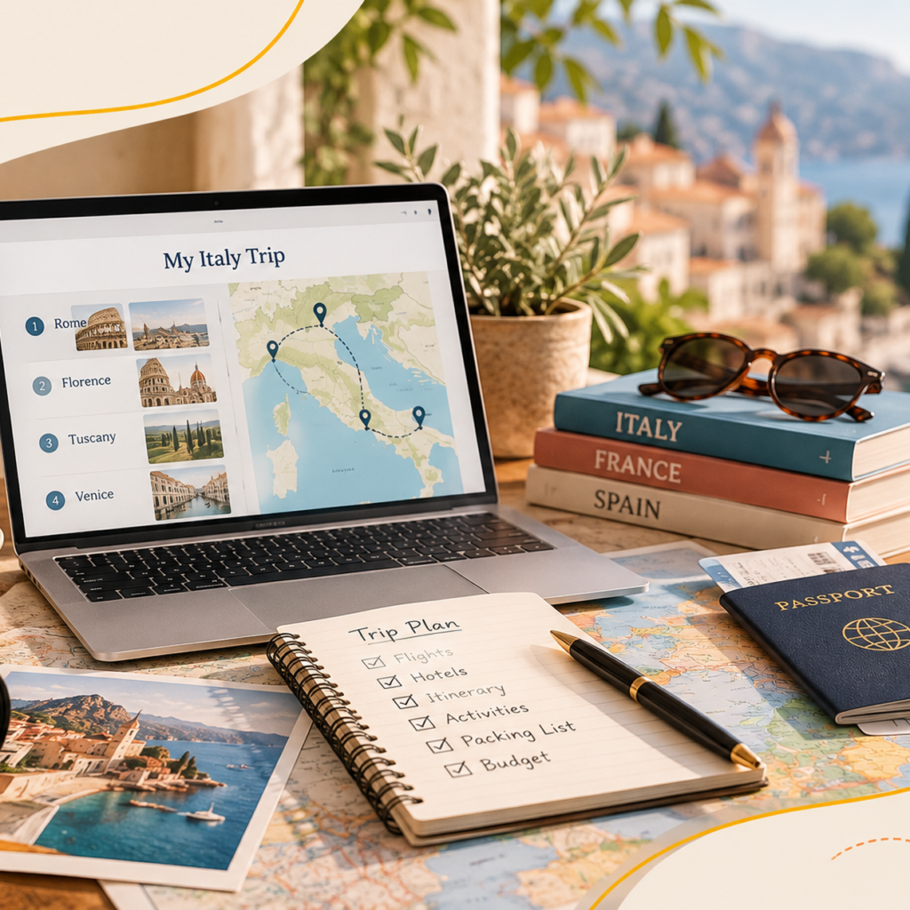 Travel planning scene with a map, laptop, itinerary and passport