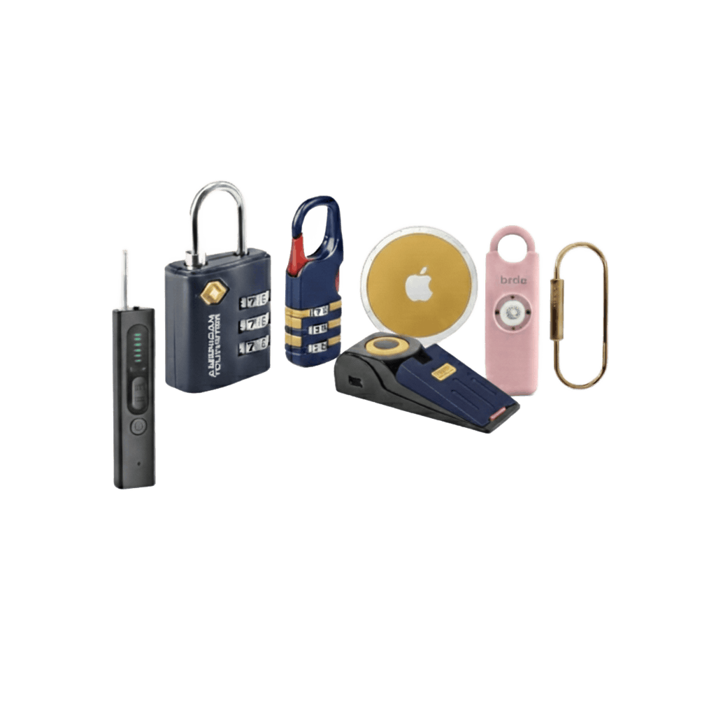 Travel safety essentials including luggage locks and trackers